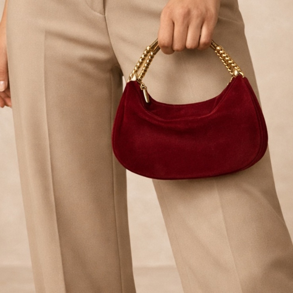 Burgundy Velvet Handbag Gold Chain Handle